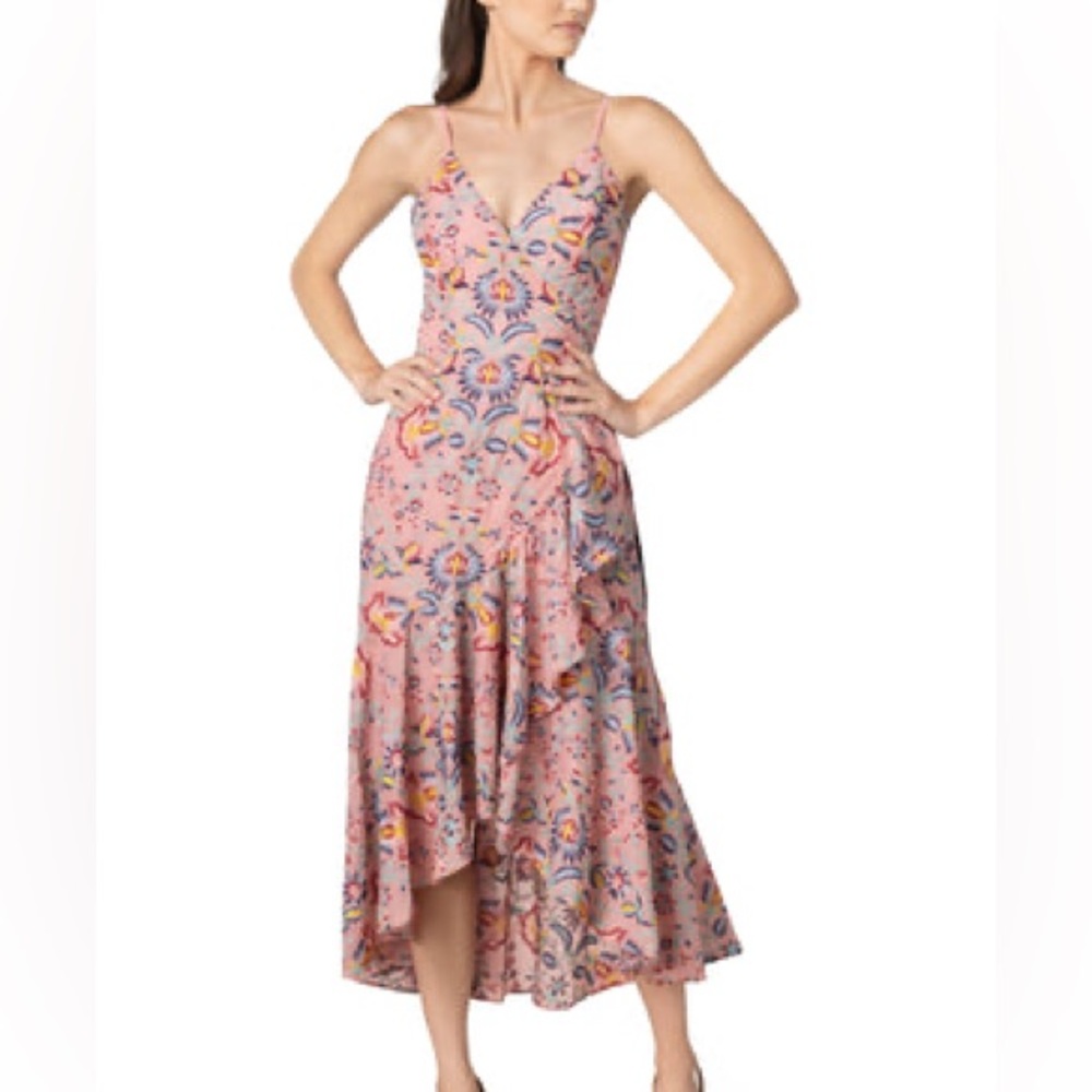 Dress The Population | Salome Pink Floral Embroidery Ruffle Midi Wrap Dress NWT